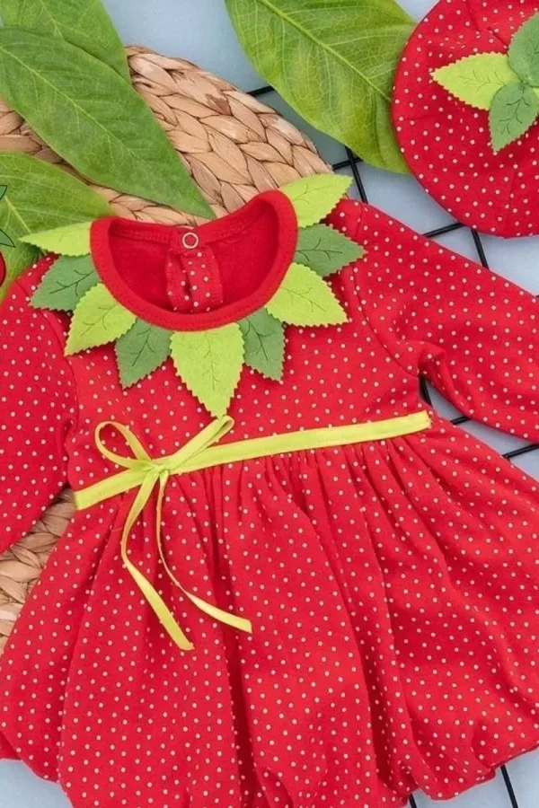 6-9-12 Ay Çilek Bebekler Kostüm Penye Kumaş Şapka Bileklik Hediyeli Uzun Kollu Kız Bebek Elbisesi