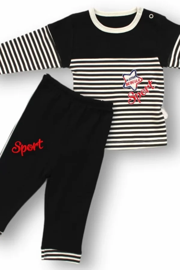 6-9 9-12 12-18 18-24 24-36 Ay Sport Baskılı Çizgili Uzun Kollu Sweatli 2li Erkek Bebek Takımı Siyah