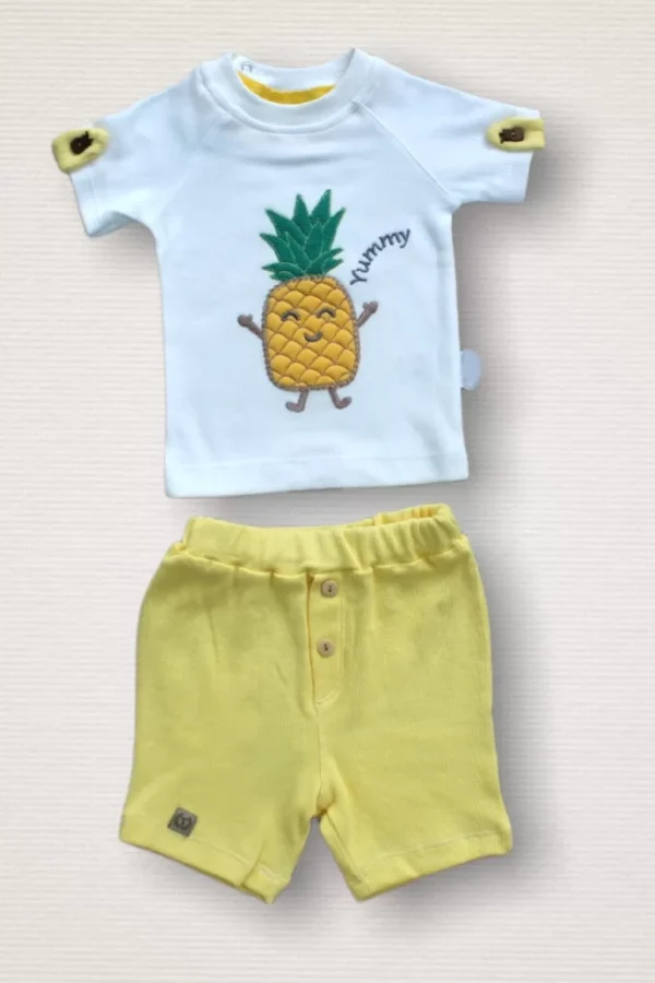 6-9 9-12 12-18 Ay Ananas Nakışlı Kısa Kollu Sweatli Şortlu 2li Kız-erkek Bebek Takımı Sarı