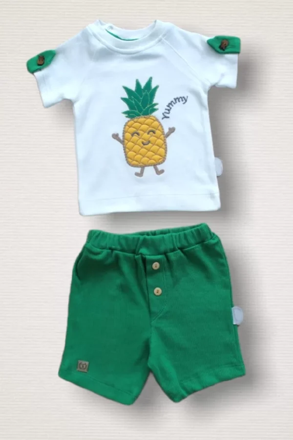 6-9 9-12 12-18 Ay Ananas Nakışlı Kısa Kollu Sweatli Şortlu 2li Kız-erkek Bebek Takımı Yeşil