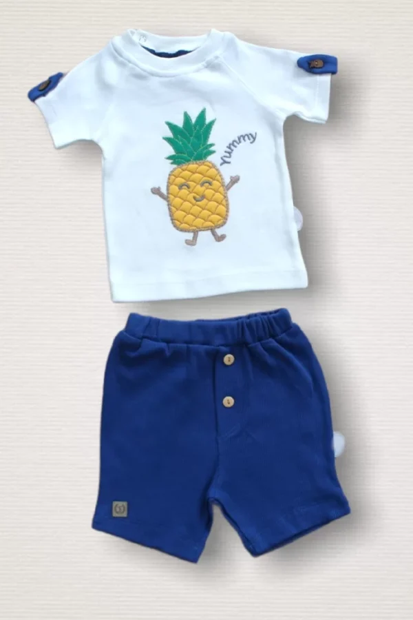 6-9 9-12 12-18 Ay Ananas Nakışlı Kısa Kollu Sweatli Şortlu 2li Kız-erkek Bebek Takımı Mavi
