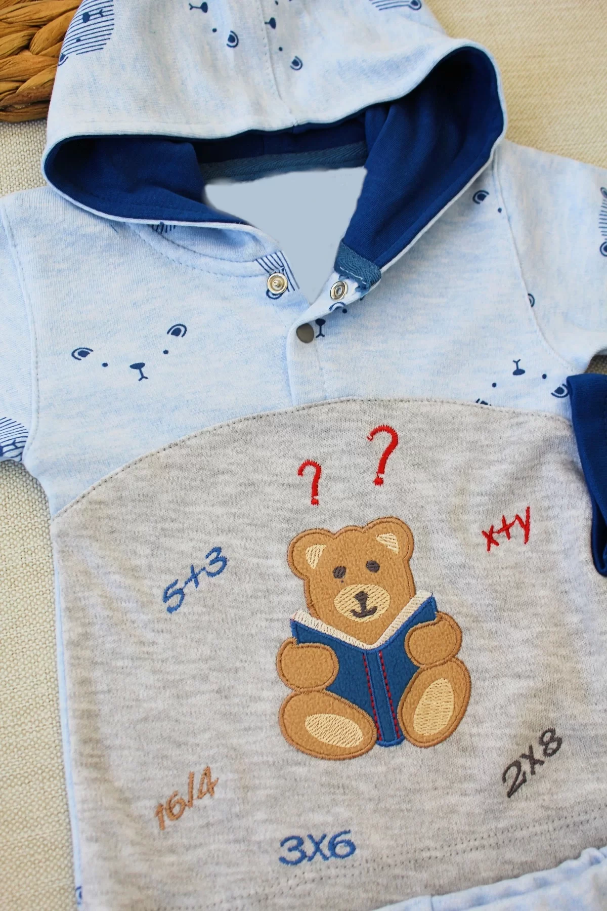 6-9 9-12 12-18 Ay Bilgili Ayıcık Baskılı Kapşonlu Sweat İç Zıbınlı Uzun Kollu 3lü Erkek Bebek Takımı - Görsel 2