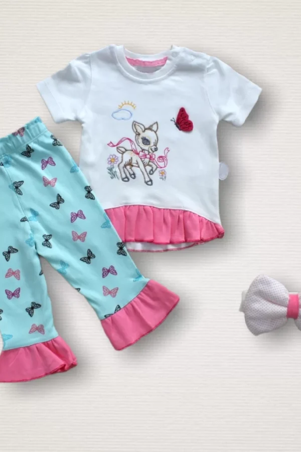 6-9 9-12 12-18 Ay Ceylanın Rüyası Baskılı Bandanalı Kısa Kollu Sweat 3lü Kız Bebek Takımı Mint Yeşili