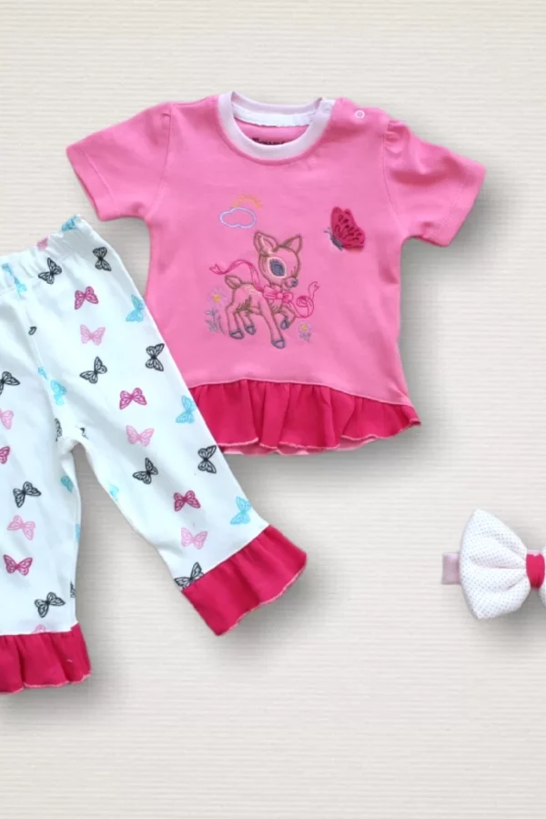 6-9 9-12 12-18 Ay Ceylanın Rüyası Baskılı Bandanalı Kısa Kollu Sweat 3lü Kız Bebek Takımı Pembe