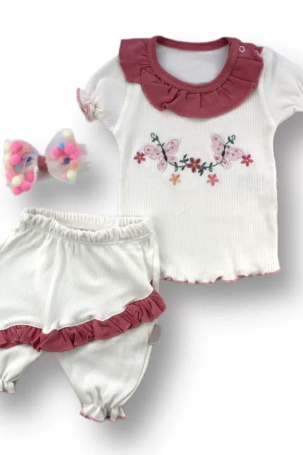 6-9 9-12 12-18 Ay Çiçek Nakışlı Roman Şalvar Bandanalı Kısa Kollu Sweat 3lü Kız Bebek Takımı Nar Çiçeği