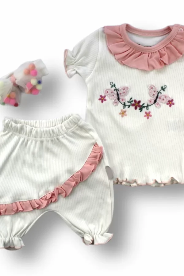 6-9 9-12 12-18 Ay Çiçek Nakışlı Roman Şalvar Bandanalı Kısa Kollu Sweat 3lü Kız Bebek Takımı Pudra