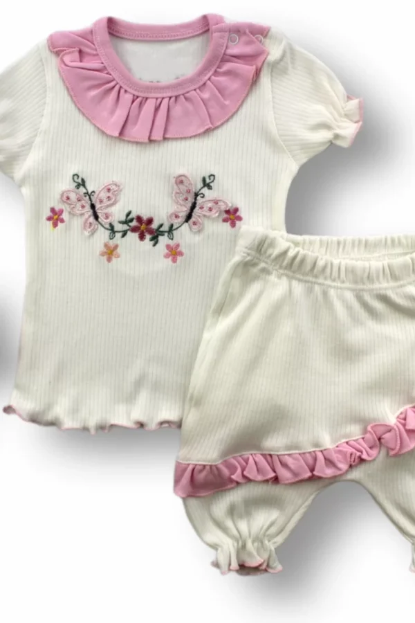 6-9 9-12 12-18 Ay Çiçek Nakışlı Roman Şalvar Bandanalı Kısa Kollu Sweat 3lü Kız Bebek Takımı Pembe