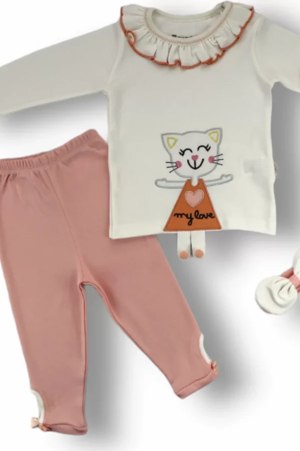 6-9 9-12 12-18 Ay Elbiseli Kedi Nakışlı Bandanalı Uzun Kollu Sweat 3lü Kız Bebek Takımı Ekru