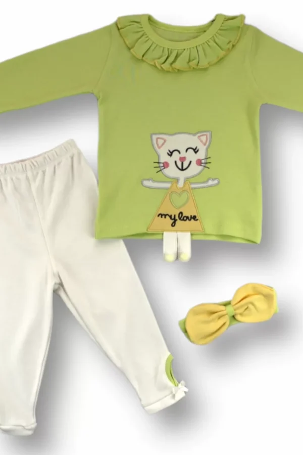 6-9 9-12 12-18 Ay Elbiseli Kedi Nakışlı Bandanalı Uzun Kollu Sweat 3lü Kız Bebek Takımı Yeşil