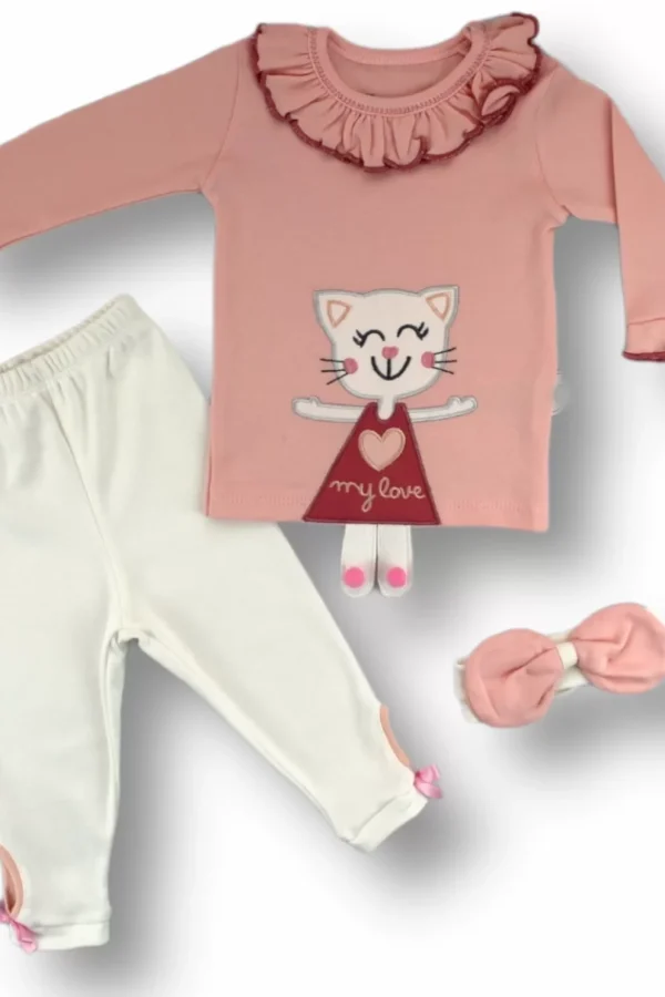 6-9 9-12 12-18 Ay Elbiseli Kedi Nakışlı Bandanalı Uzun Kollu Sweat 3lü Kız Bebek Takımı Pembe