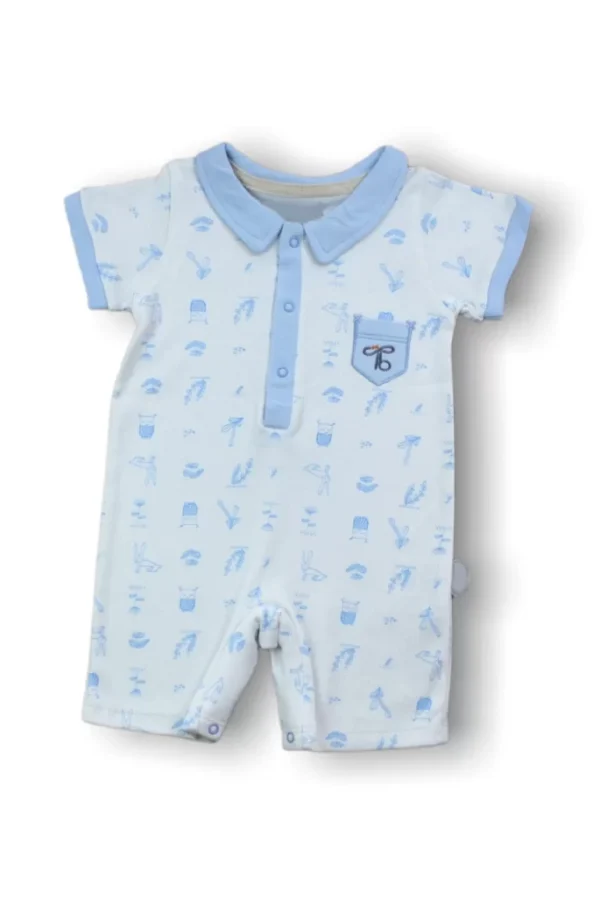 6-9 9-12 12-18 Ay Galaksi Baskılı Çıtçıtlı Kısa Kollu Erkek Bebek Tulumu Mavi