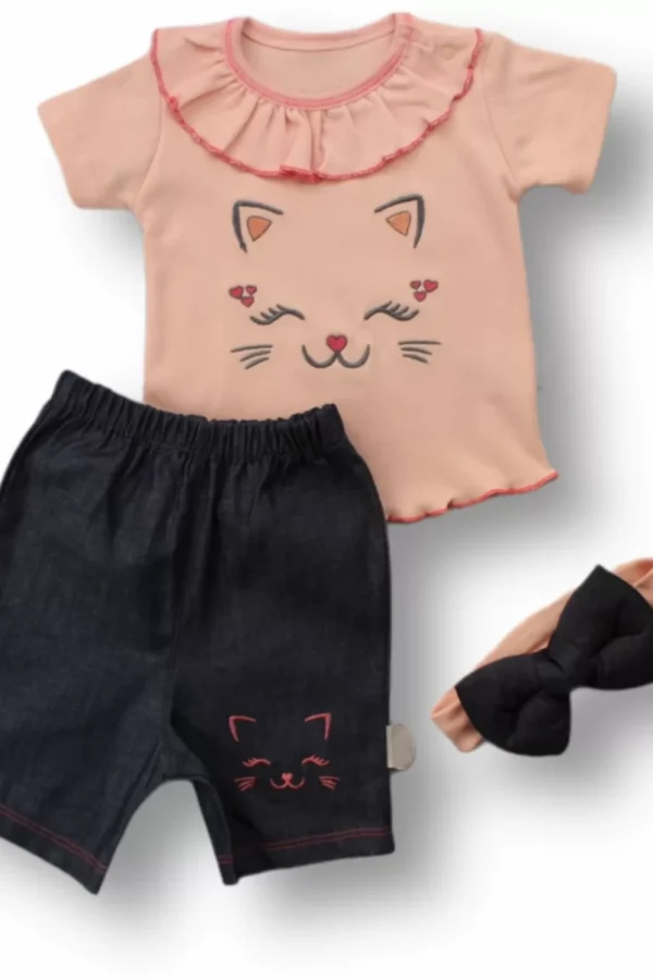 6-9 9-12 12-18 Ay Vip Kedi Baskılı Bandanalı Kısa Kollu Sweat 3lü Kız Bebek Takımı Pudra