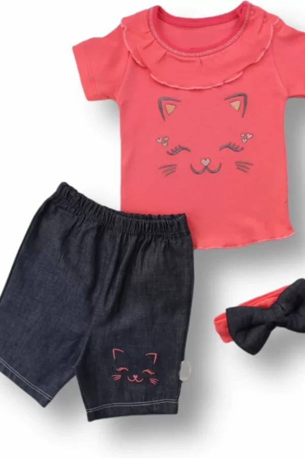 6-9 9-12 12-18 Ay Vip Kedi Baskılı Bandanalı Kısa Kollu Sweat 3lü Kız Bebek Takımı Nar Çiçeği
