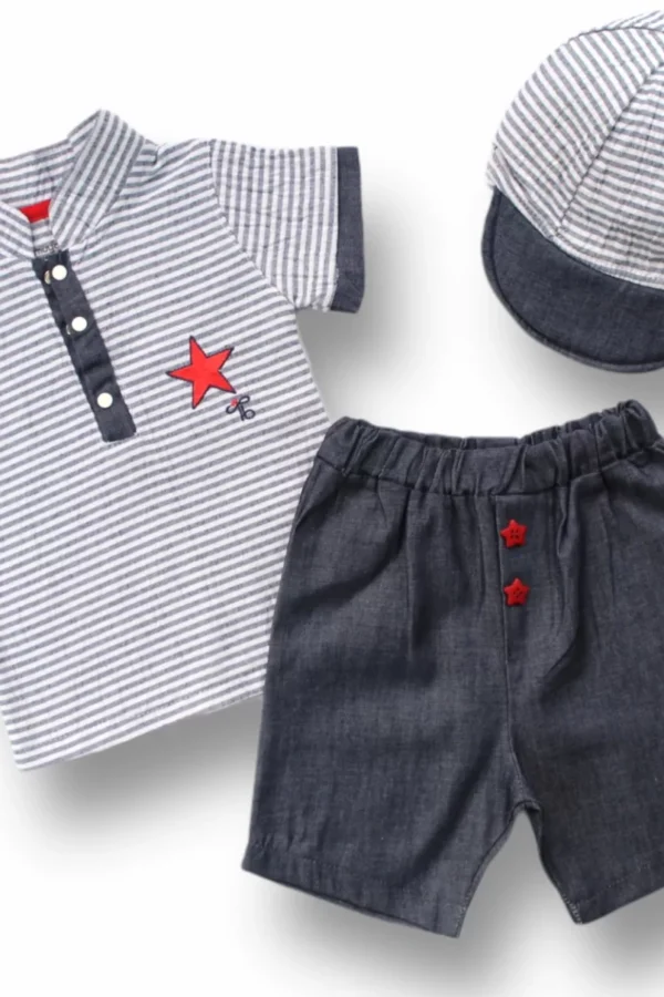 6-9 9-12 12-18 Ay Vip Yaka Şapkalı Kısa Kollu Sweat 3lü Erkek Bebek Takımı Gri