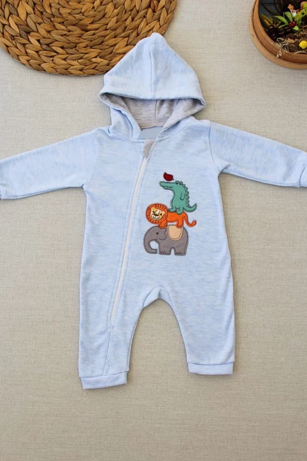 6-9 9-12 Ay Ef Çizgi Boy Fermuarlı Hayvanlar Alemi Nakışlı Kapşonlu Kız Erkek Bebek Tulumu Mavi