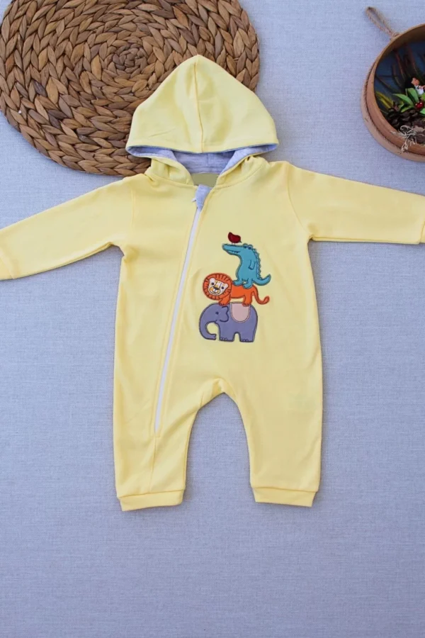 6-9 9-12 Ay Ef Çizgi Boy Fermuarlı Hayvanlar Alemi Nakışlı Kapşonlu Kız Erkek Bebek Tulumu Sarı