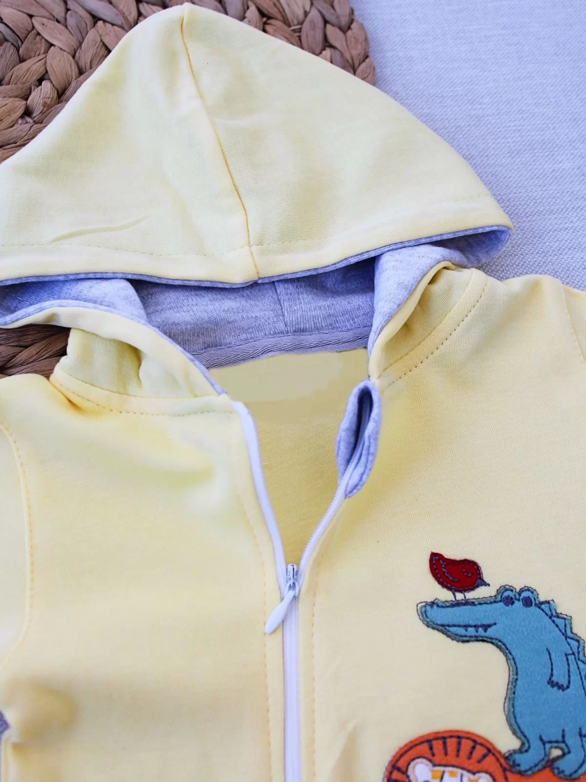 6-9 9-12 Ay Ef Çizgi Boy Fermuarlı Hayvanlar Alemi Nakışlı Kapşonlu Kız Erkek Bebek Tulumu - Görsel 2