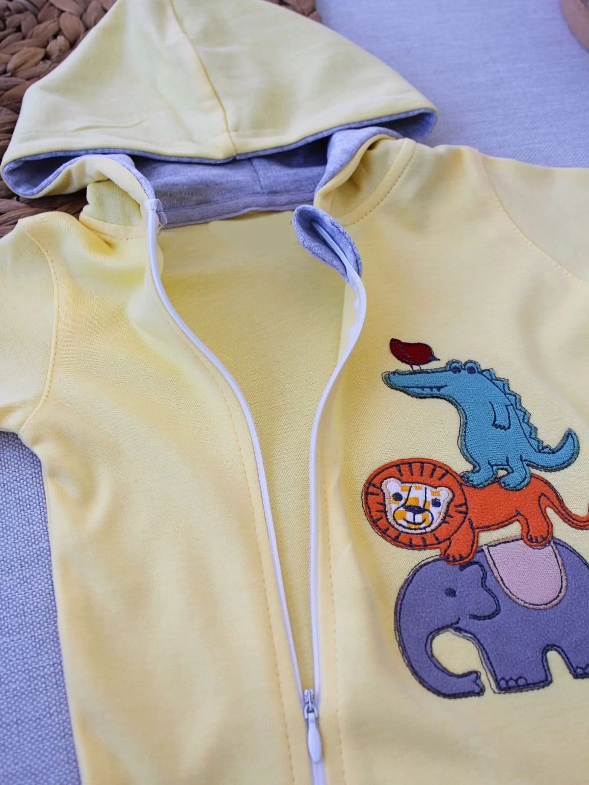 6-9 9-12 Ay Ef Çizgi Boy Fermuarlı Hayvanlar Alemi Nakışlı Kapşonlu Kız Erkek Bebek Tulumu - Görsel 4