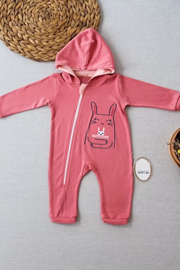 6-9 9-12 Ay Ef Çizgi Boy Fermuarlı Tavşan Nakışlı Kapşonlu Kız Erkek Bebek Tulumu Gül Kurusu