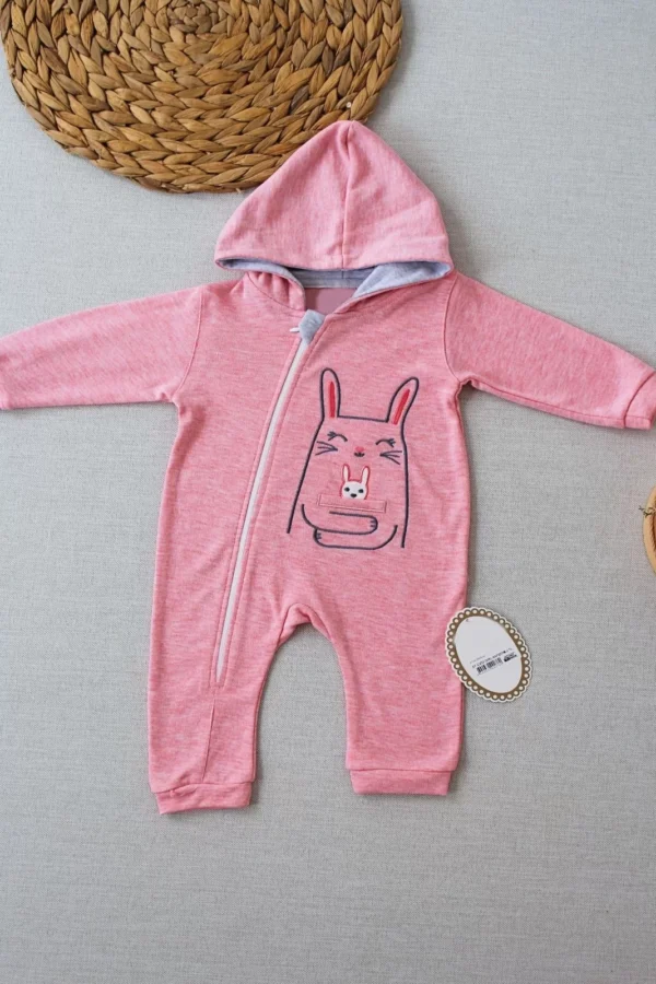 6-9 9-12 Ay Ef Çizgi Boy Fermuarlı Tavşan Nakışlı Kapşonlu Kız Erkek Bebek Tulumu Pembe