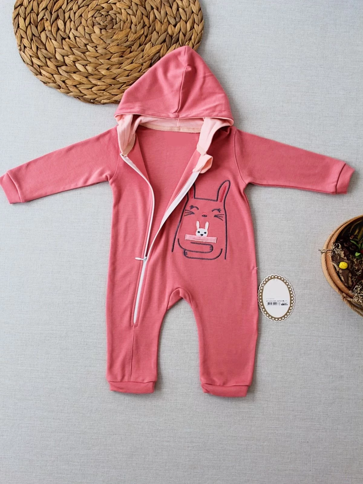 6-9 9-12 Ay Ef Çizgi Boy Fermuarlı Tavşan Nakışlı Kapşonlu Kız Erkek Bebek Tulumu - Görsel 2