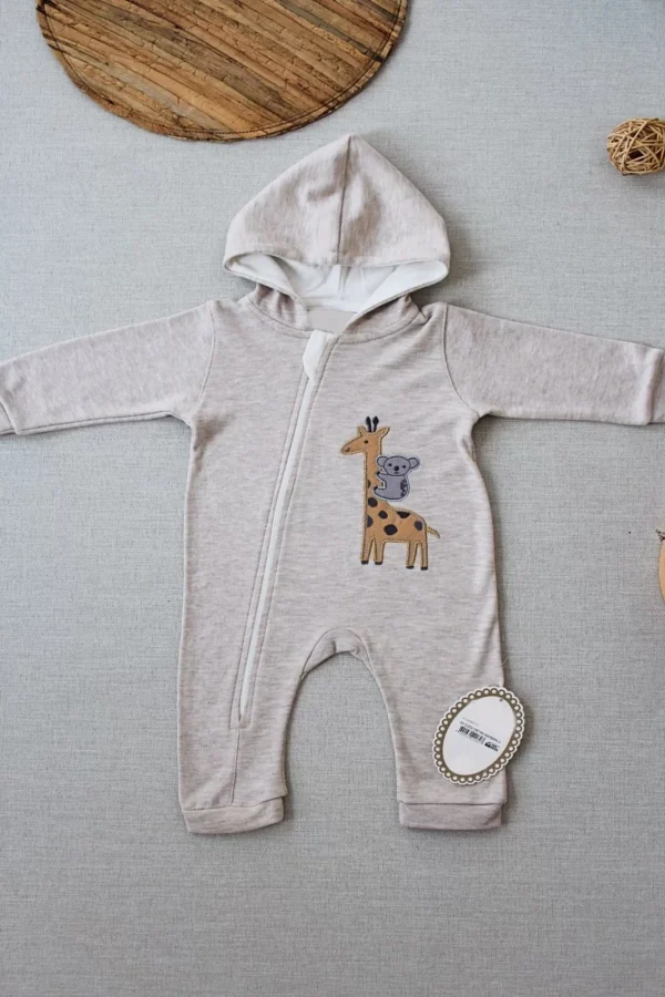 6-9 9-12 Ay Ef Çizgi Boy Fermuarlı Zürafa Nakışlı Kapşonlu Kız Erkek Bebek Tulumu Kahvemelanj