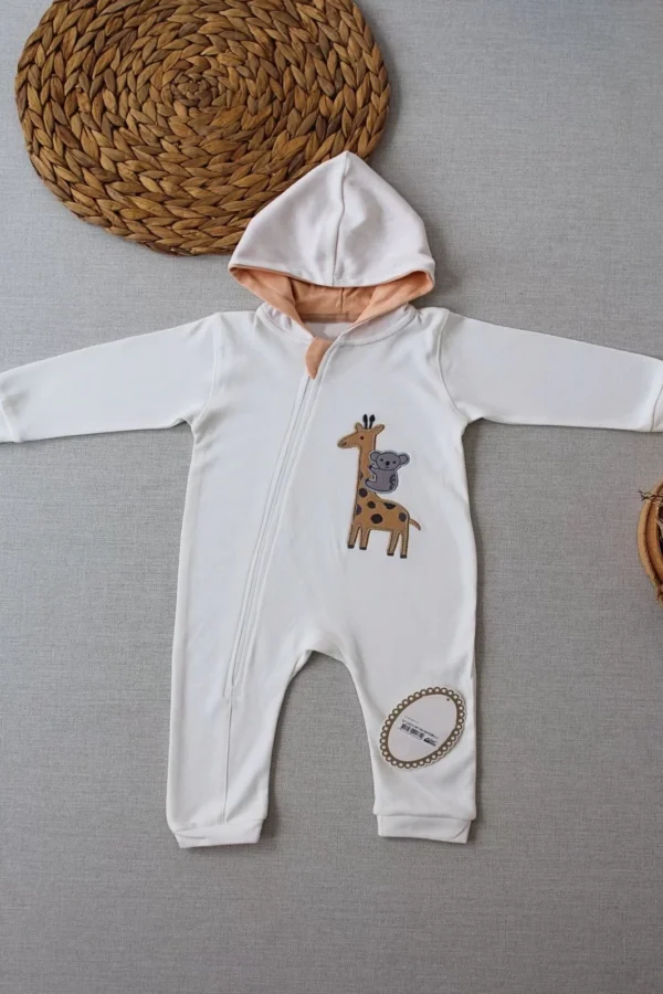 6-9 9-12 Ay Ef Çizgi Boy Fermuarlı Zürafa Nakışlı Kapşonlu Kız Erkek Bebek Tulumu Ekru