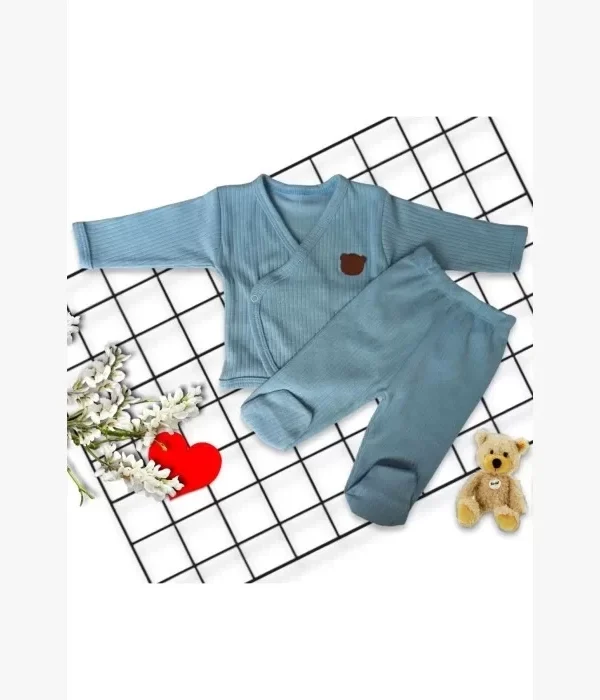 6-9 Ay Patikli Pantolon Yandan Çıtçıtlı Uzun Kollu Sweatli 2li Kız Erkek Bebek Takımı Mavi