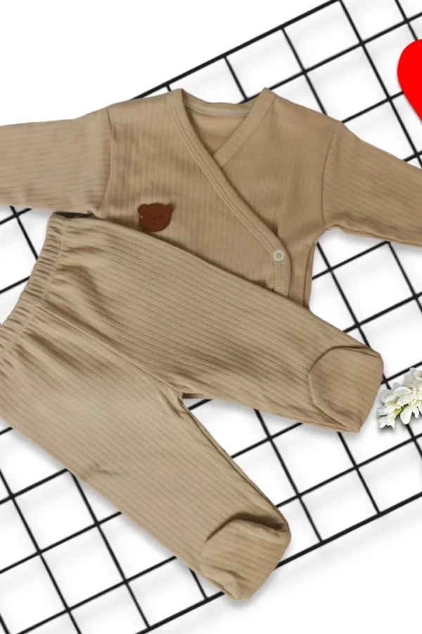 6-9 Ay Patikli Pantolon Yandan Çıtçıtlı Uzun Kollu Sweatli 2li Kız Erkek Bebek Takımı Bej