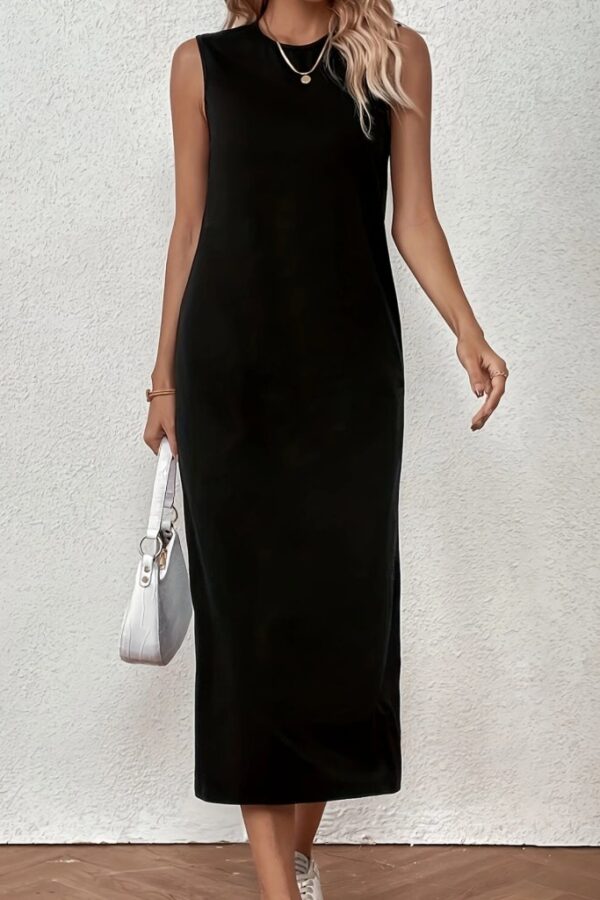 Kadın Sıfır Kollu Bisiklet Yaka Midi Viskon Iki Iplik Elbise