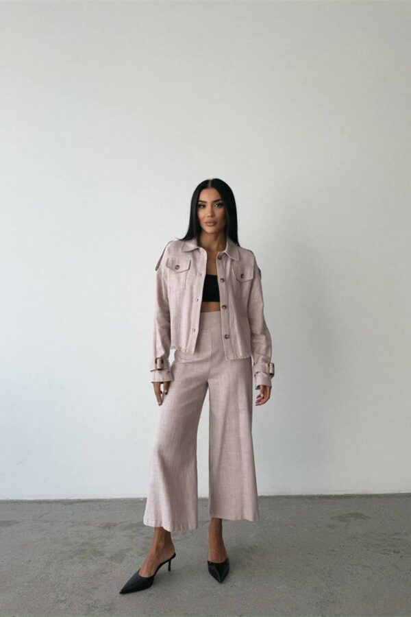 KETEN PÜSKÜL DETAYLI GÖMLEK-PANTOLON TAKIM - Vizon