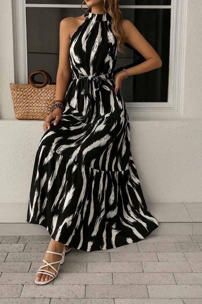 Kadın Halter Yakalı Omuzlardan Açık Kuşaklı Maksi Boy Desenli Süprem Elbise - Görsel 5