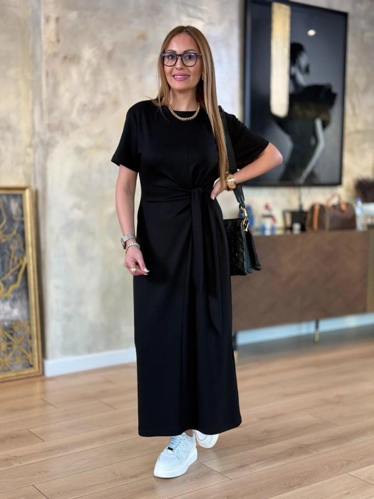 Kadın Kısa Kollu Bisiklet Yaka Yandan Bağlamalı Viskon Iki Iplik Elbise - Görsel 3