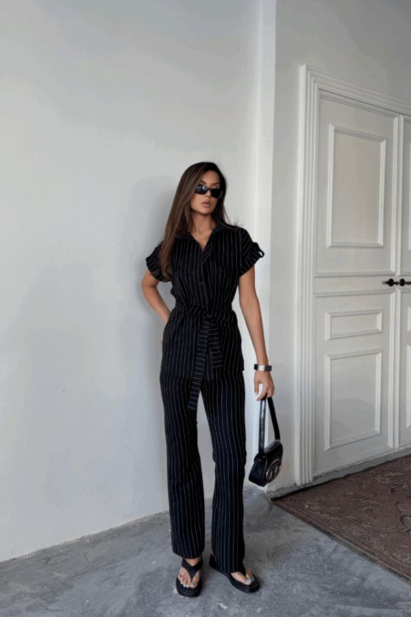 ÇİZGİLİ POLYVİSKON BLUZ - PANTOLON TAKIM - Siyah