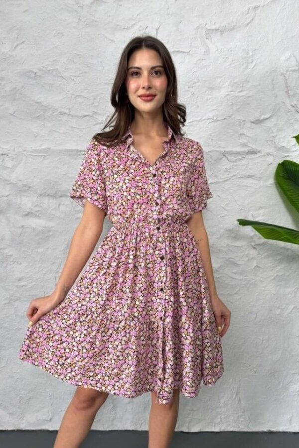 Baskılı Keten Elbise - Lacivert