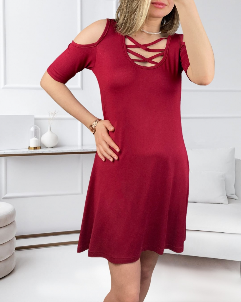 Dekolteli Bağcık Detay Viskon Kumaş Elbise - Görsel 3