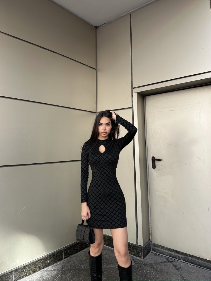 Kadın Uzun Kollu Damla Detay Flok Baskı Dalgıç Mini Elbise - Görsel 7