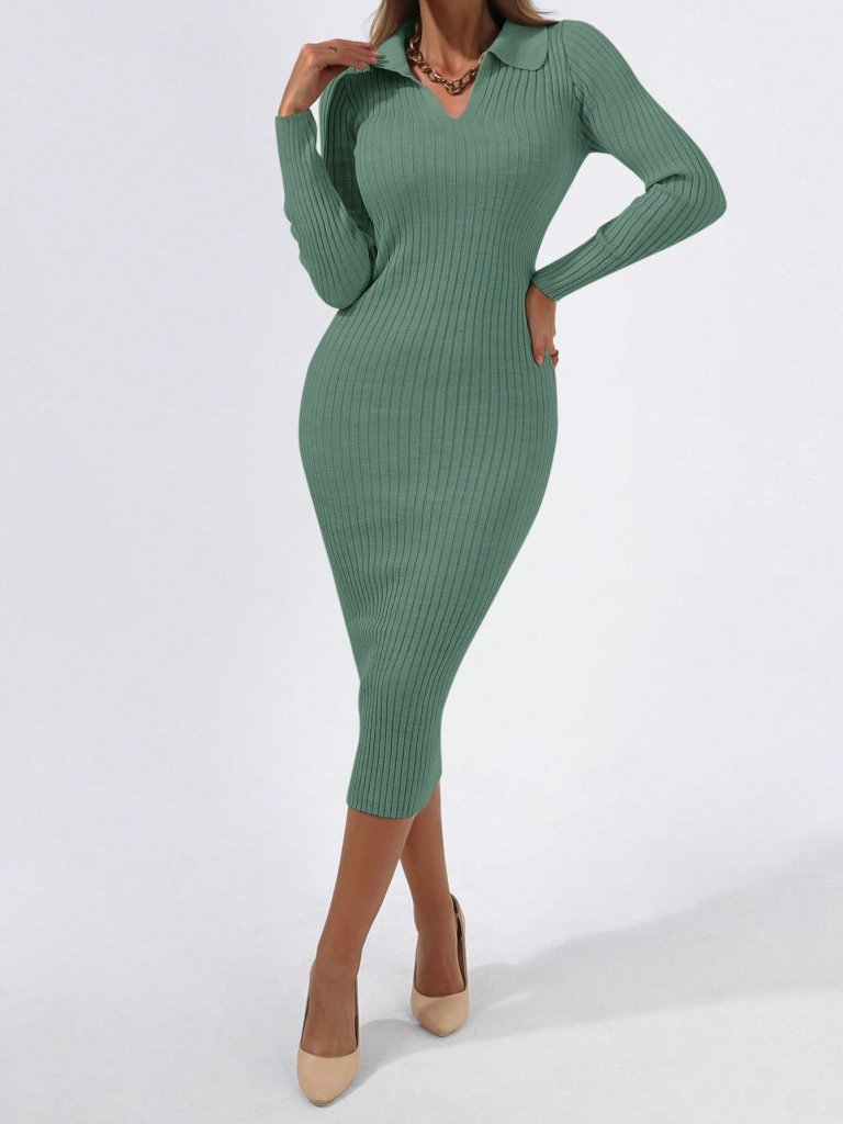 Kadın Uzun Kollu Yakalı Triko Elbise - Görsel 39