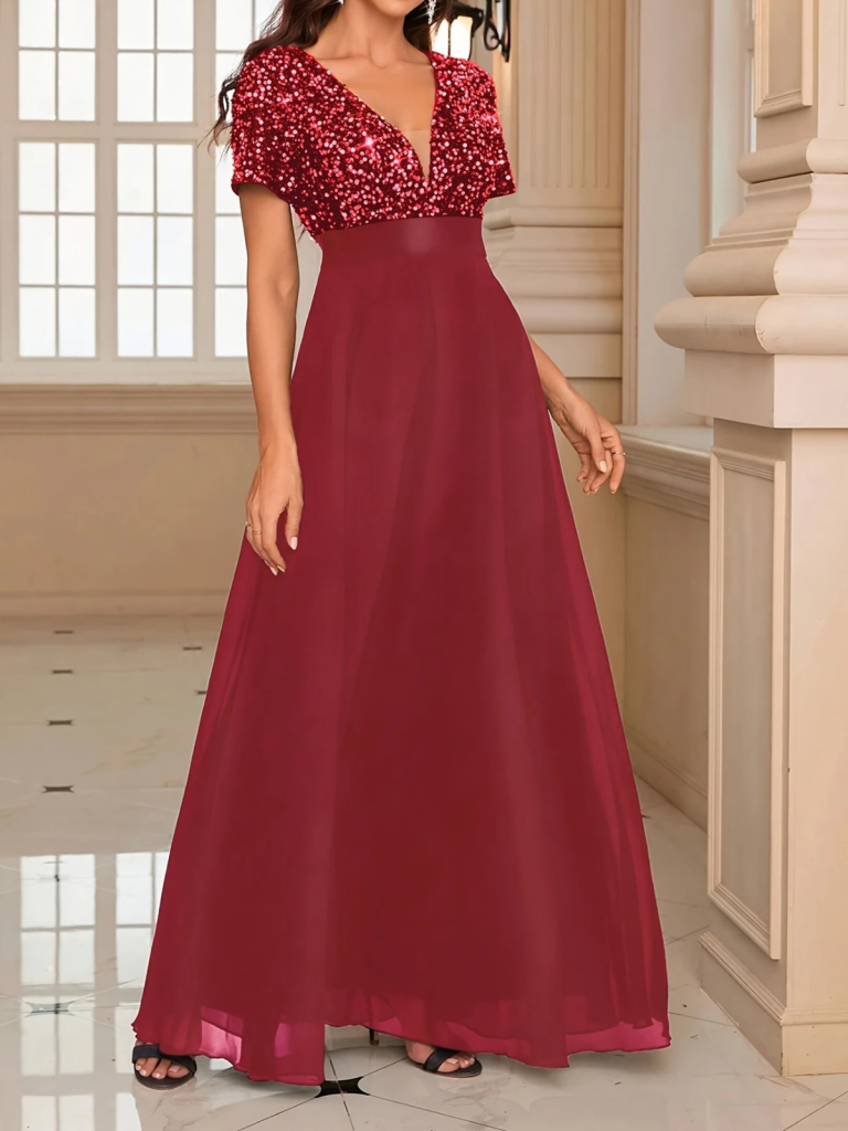 Kadın Kısa Kollu Derin V Yakalı A Kesim Pulpayet Detaylı şifon Nedime Elbisesi - Görsel 11