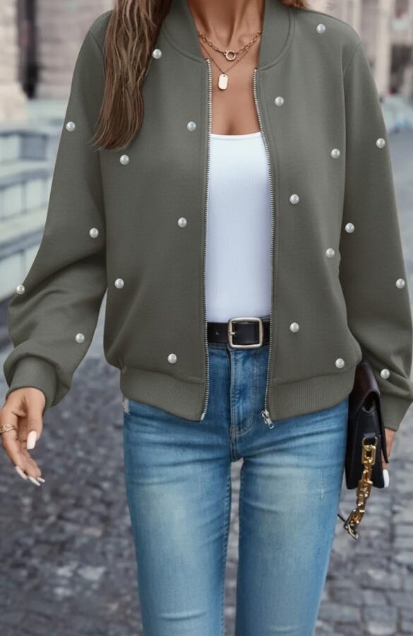 Kadın Uzun Kollu önden Fermuarlı Incili Kısa Modal Ceket