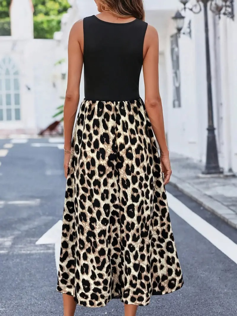 Kadın Askılı Yuvarlak Yaka üst Viskon Alt Leopar Desenli Süprem Uzun Elbise - Görsel 2