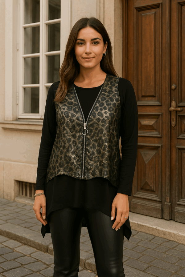 Kadın Yılan Desen Fermuar Detay Yelek Ve Asimetrik Kesim Bluz Salaş Ikili Takım