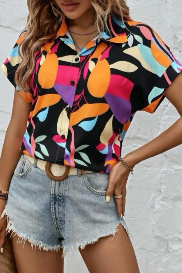 Kadın Moss Krep Kumaş Kısa Kol Çiçek Desenli Gömlek