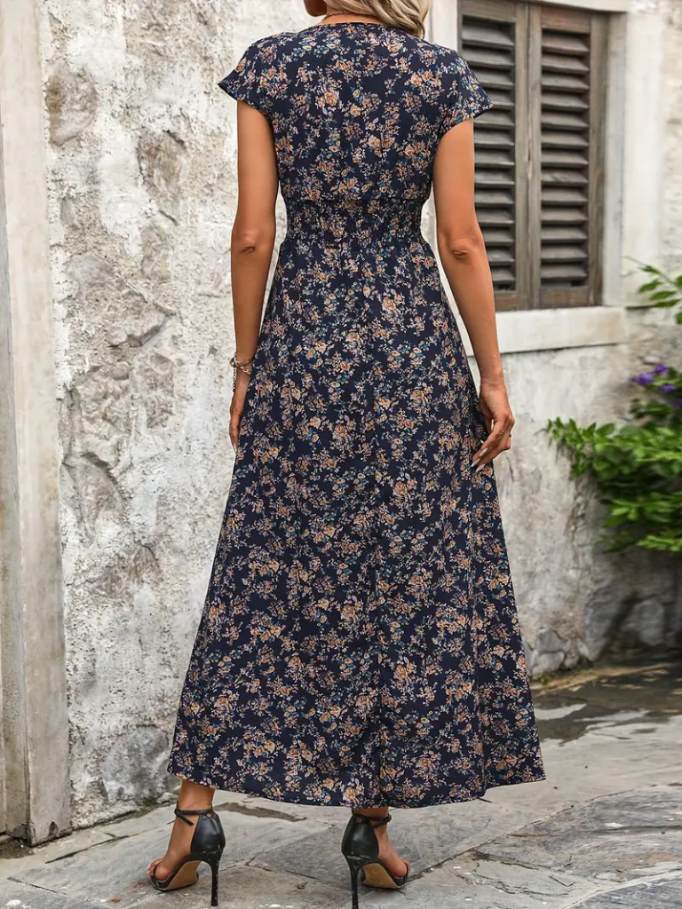 Kadın Kısa Kollu Kruvaze Yakalı çiçek Desenli Belden Lastikli Süprem Uzun Elbise - Görsel 5