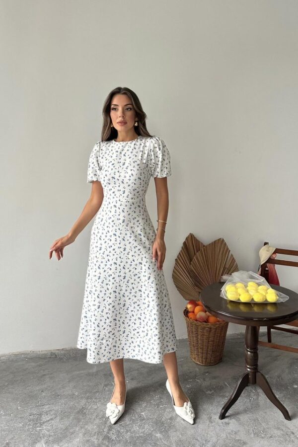 Mavi Dijital Baskılı Atlas Elbise