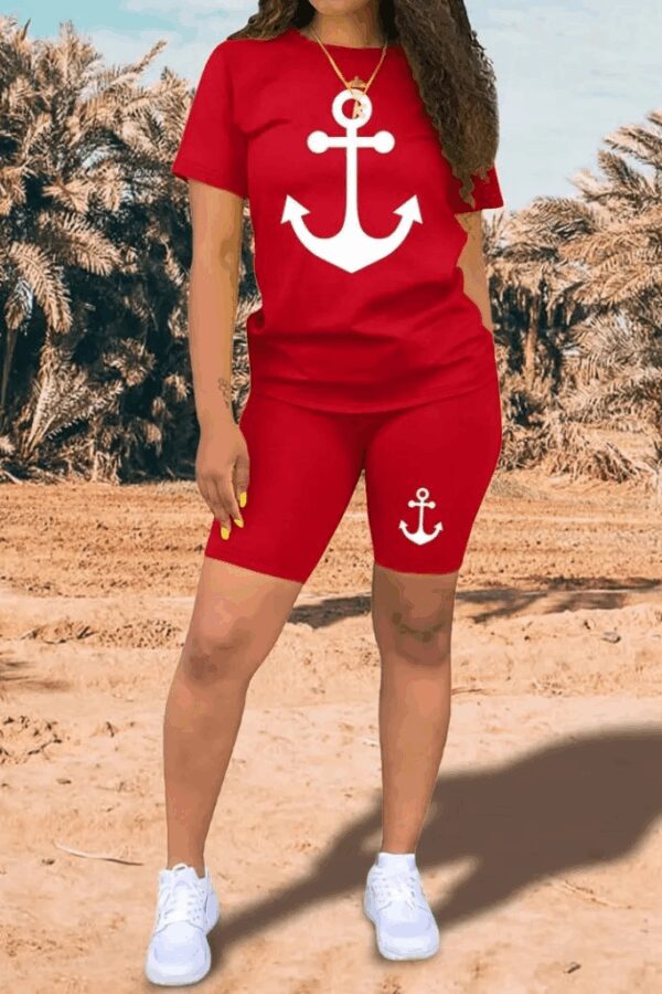 Kadın Kısa Kollu çapa Baskılı Viskon Ikili Takım