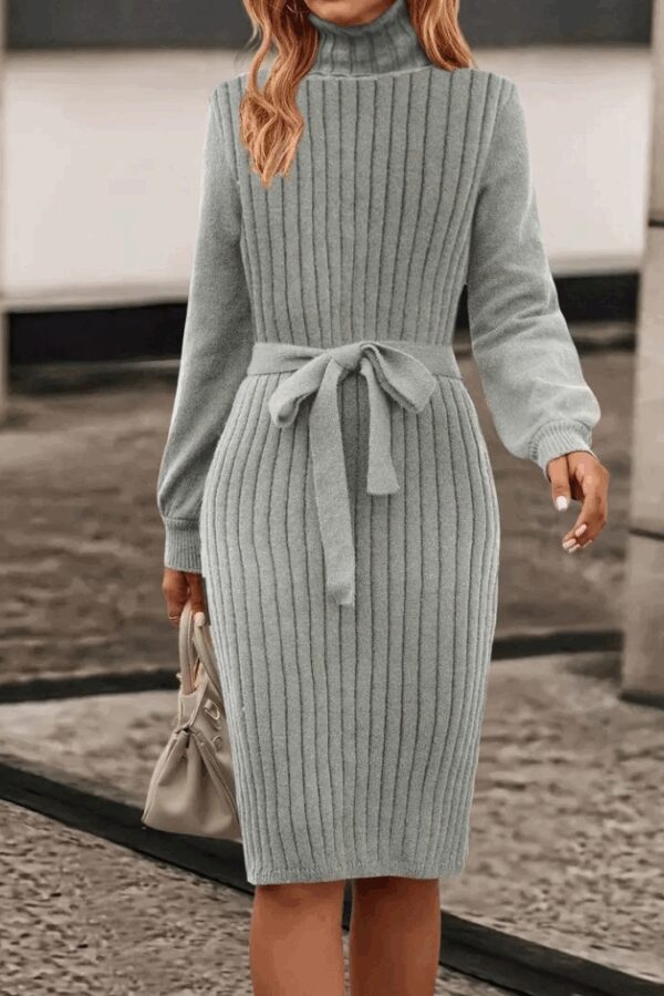 Kadın Uzun Kollu Balıkçı Yaka Beli Kuşaklı Mini Triko Elbise