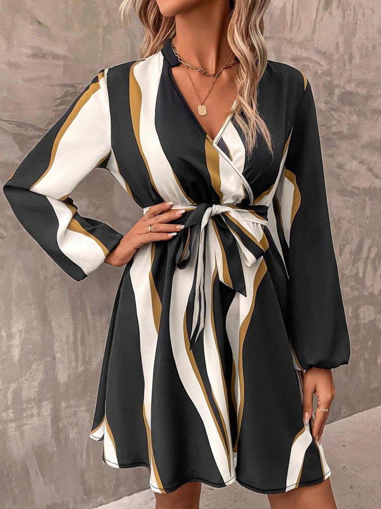 Kadın Uzun Kollu Kruvaze Yakalı Desenli Modal Mini Elbise - Görsel 8