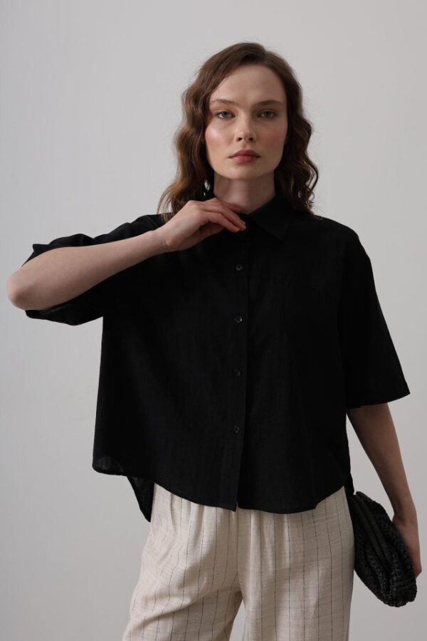 Yarım Balon Kol Çizgili Gömlek - Mavi