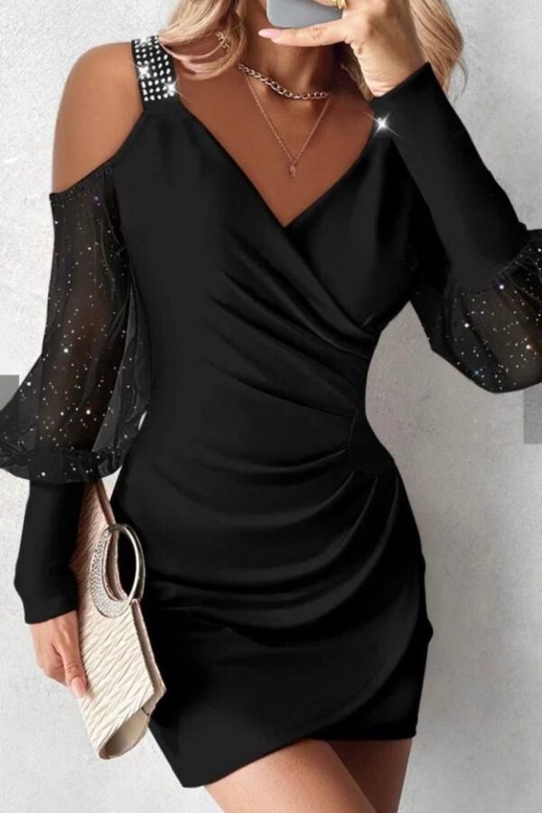 Kadın Kruvaze Yaka Omuz Ve Sırt Dekolteli Taş Detay Mini Elbise